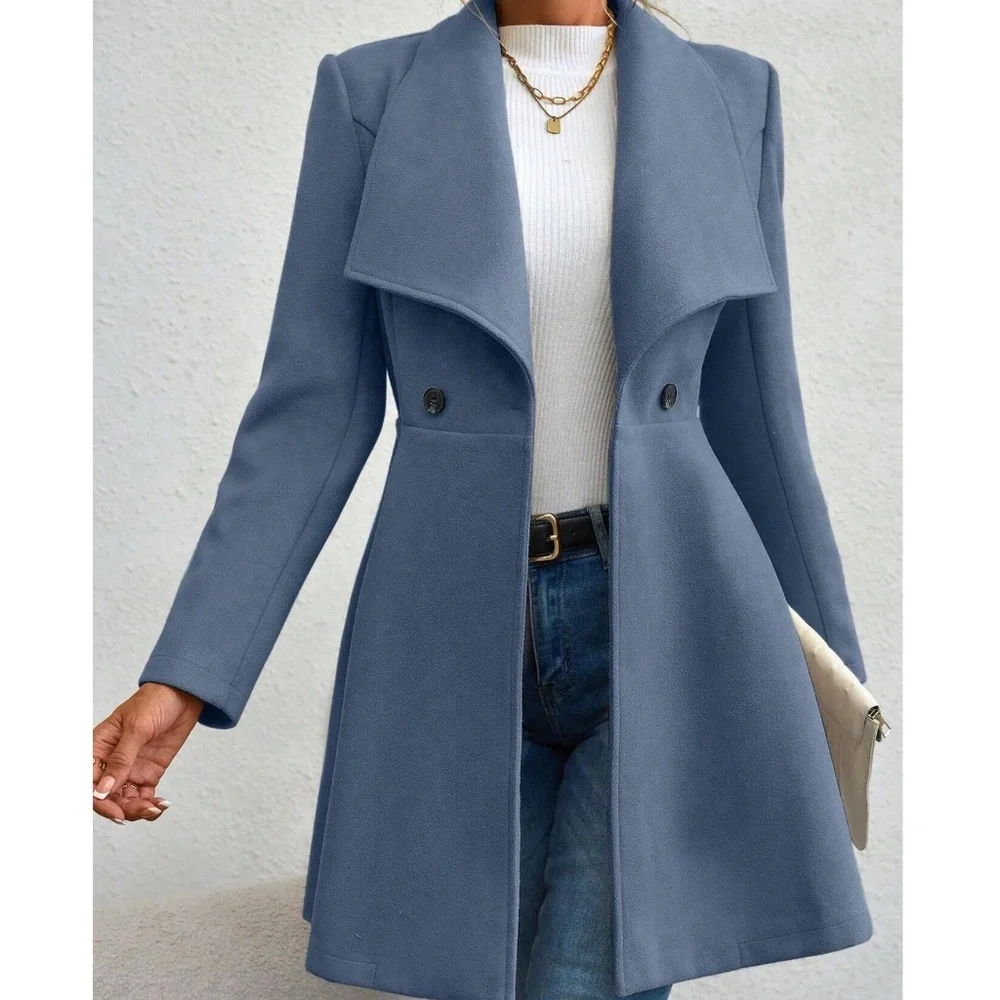 Classic Wide Collar Flare Hem Button Oversized Pea Coat - Picture 3 of 13